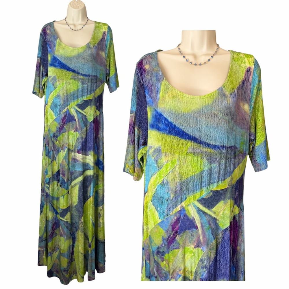 Soft Surroundings Maxi Dress LG Green Blue Abstract Print Stretch Spring Artsy